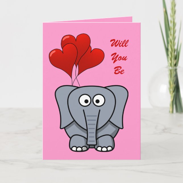 Cute Cartoon Elephant Red Heart Balloons Valentine Holiday Card (Front)