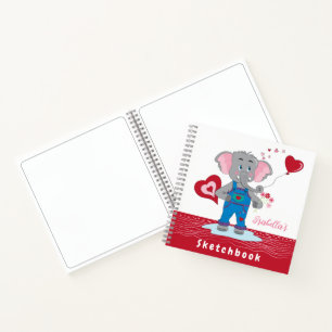 Cute Cartoon Elephant Red White Kid Sketchbook  Notebook