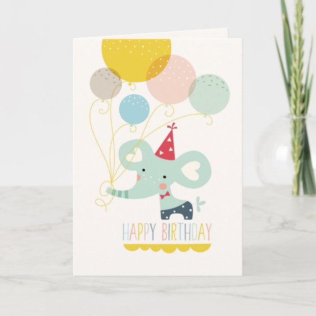 Cute Cartoon Elephant with Balloons Birthday Card (Front)