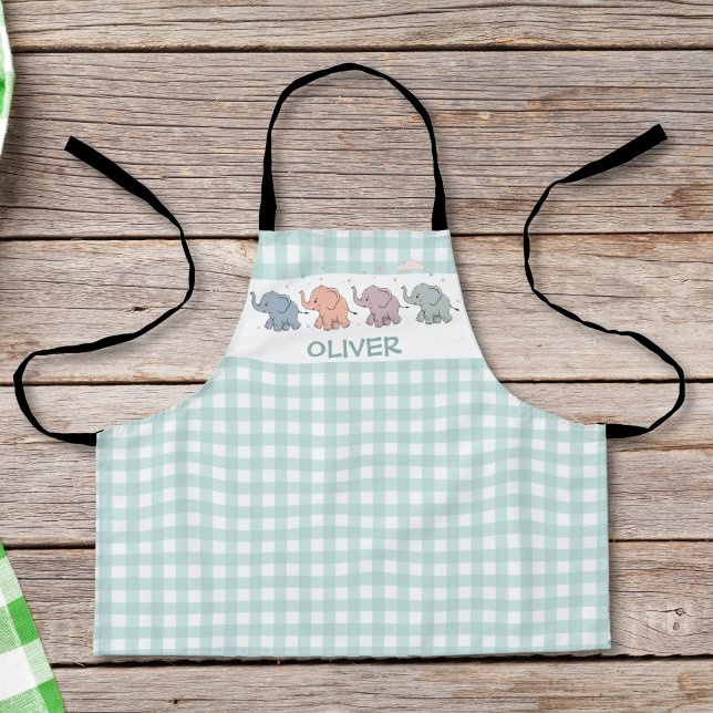 Cute Cartoon Elephants Gingham Apron (Creator Uploaded)