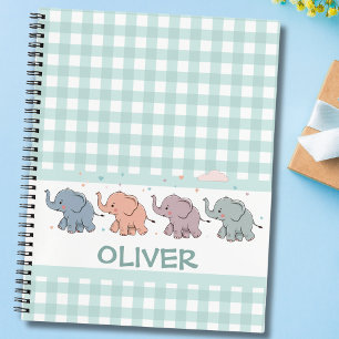 Cute Cartoon Elephants Gingham Notebook
