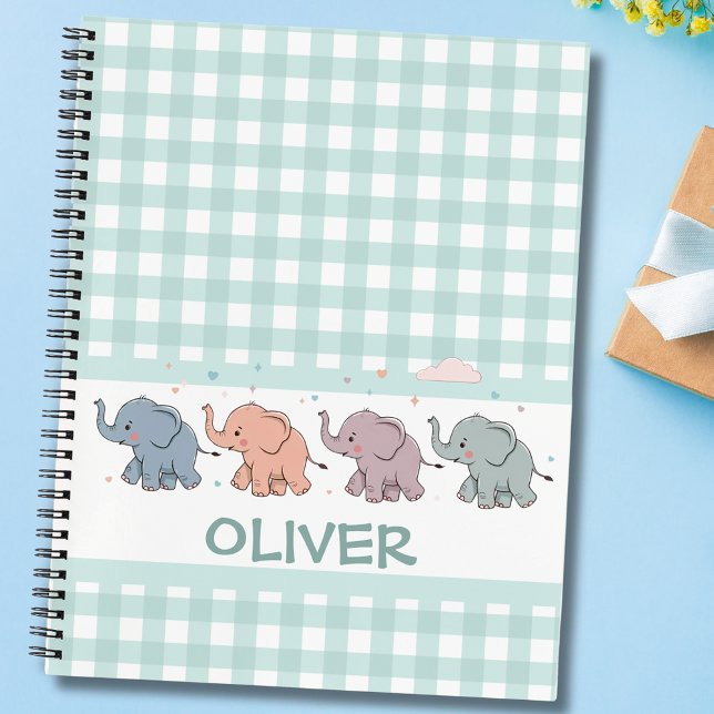 Cute Cartoon Elephants Gingham Notebook (Creator Uploaded)