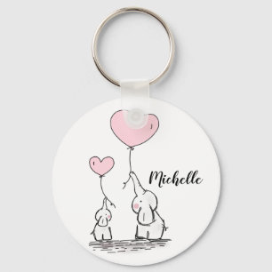 Cute cartoon elephants holding pink balloons name key ring