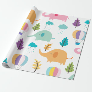 Cute cartoon elephants hot-air balloons and trees wrapping paper