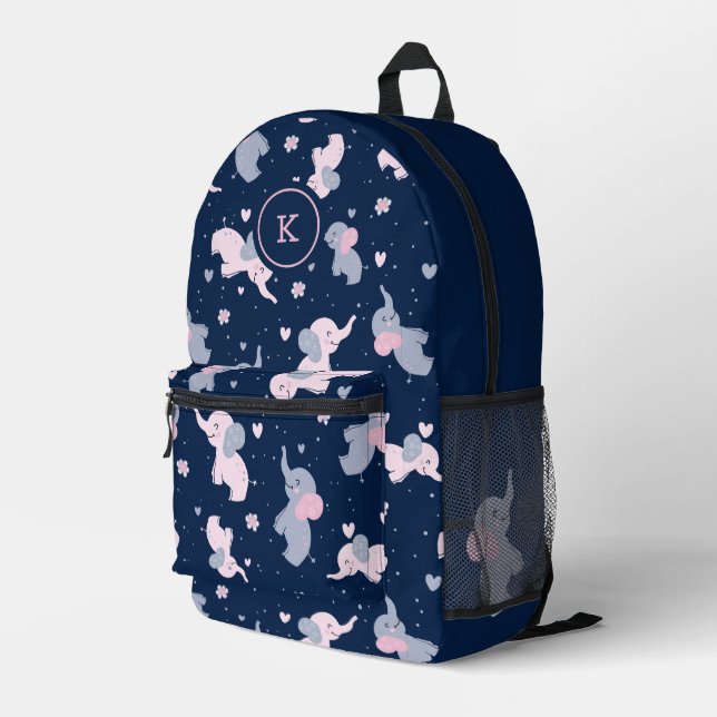 Cute Cartoon Elephants Pattern on Blue Monogram Printed Backpack (Back Corner Right)