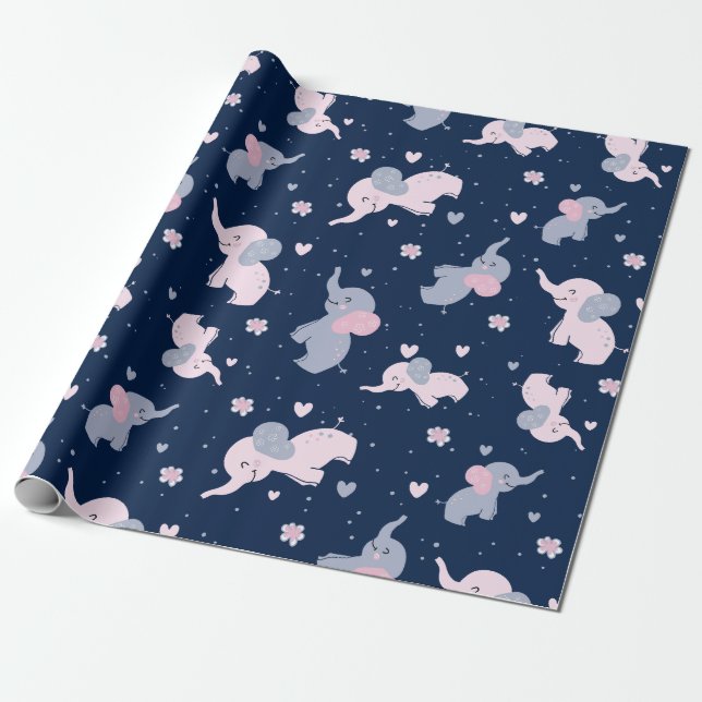 Cute cartoon elephants pattern on navy-blue wrapping paper (Unrolled)