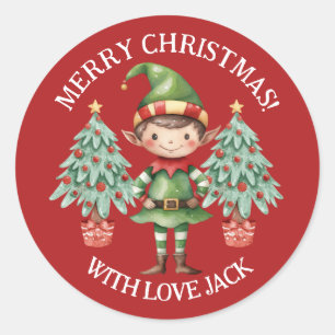 Cute Cartoon Elf Boy Merry Christmas Letter  Classic Round Sticker