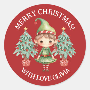 Cute Cartoon Elf Girl Merry Christmas Favour Seal