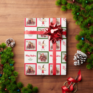 Cute Cartoon Elf Monogram Merry Christmas Photo Wrapping Paper