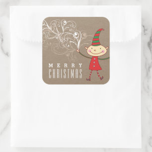 Cute Cartoon Elf Swirls Magical Christmas Holiday Square Sticker