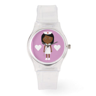Cute Cartoon Ethnic Nurse & Hearts Pink Watch