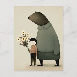 Cute cartoon fairy bear and boy. Floral Birthday Postcard