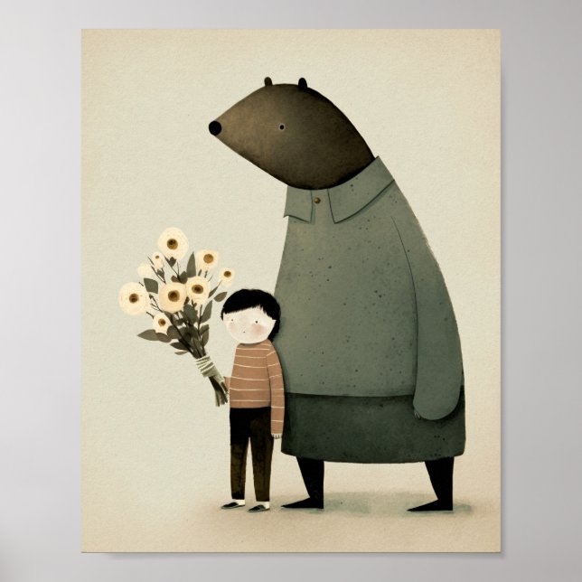 Cute cartoon fairy bear and boy. Floral Birthday  Poster (Front)