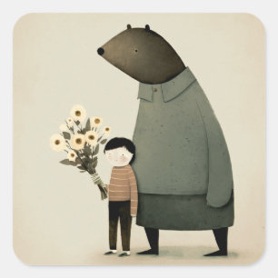 Cute cartoon fairy bear and boy. Floral Birthday Square Sticker