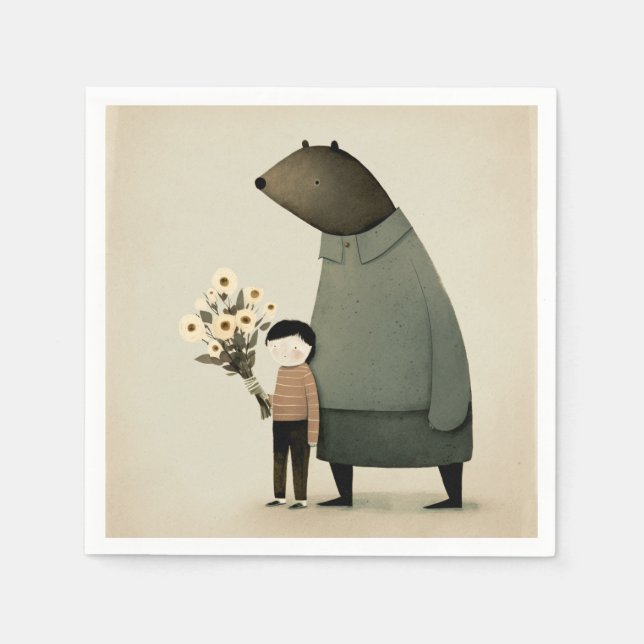 Cute cartoon fairy bear and boy. Friends Birthday Napkin (Front)