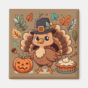 Cute Cartoon Fall/Thanksgiving turkey and pumpkin Magnet