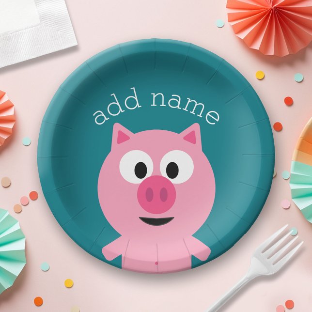 Cute Cartoon Farm Pig - Pick Your Background Colou Paper Plate (Custom Paper Plate for a Party)