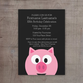 Cute Cartoon Farm Pig - Pink and Black Invitation