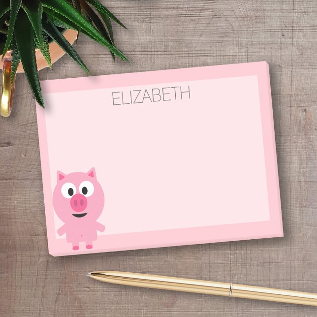 Cute Cartoon Farm Pig - Pink and Blush Post-it Notes (Personalized post-it notes with an area to add your name or other text)