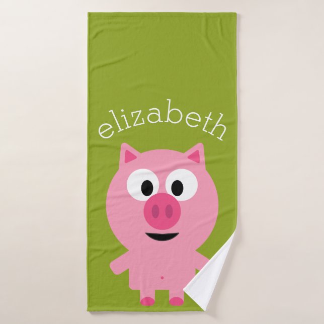 Cute Cartoon Farm Pig - Pink and Lime Green Bath Towel (Bath Towel)