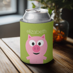 Cute Cartoon Farm Pig - Pink and Lime Green Can Cooler