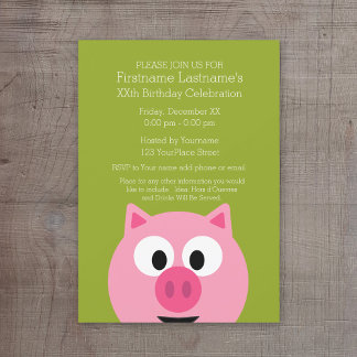 Cute Cartoon Farm Pig - Pink and Lime Green Invitation