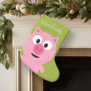 Cute Cartoon Farm Pig - Pink and Lime Green Large Christmas Stocking