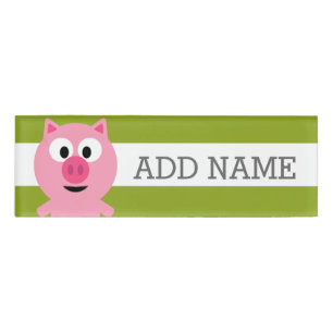 Cute Cartoon Farm Pig - Pink and Lime Green Name Tag