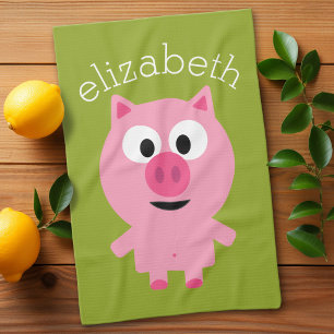Cute Cartoon Farm Pig - Pink and Lime Green Tea Towel