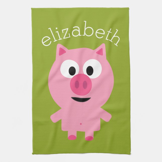 Cute Cartoon Farm Pig - Pink and Lime Green Tea Towel (Vertical)