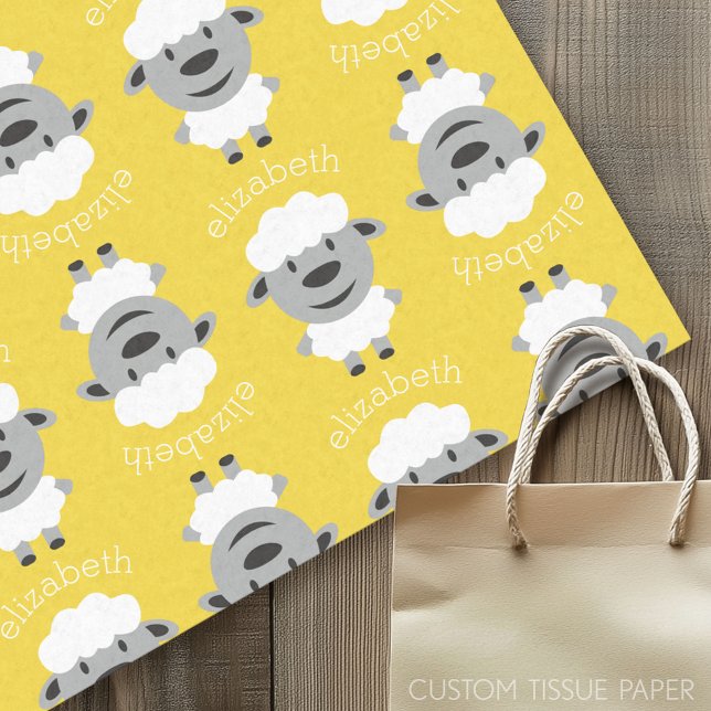 Cute Cartoon Farm Sheep - yellow and grey Tissue Paper (Custom Tissue Paper)