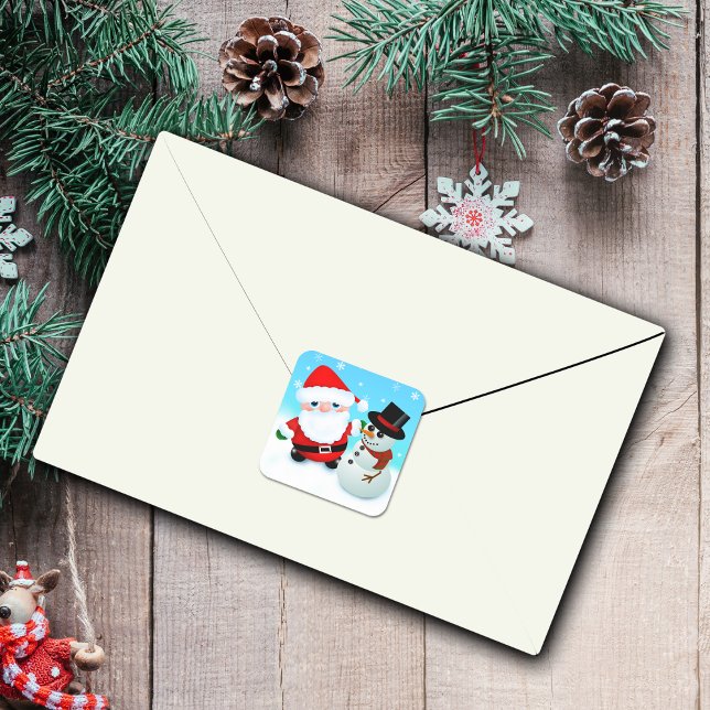 Cute cartoon father christmas with a snowman square sticker (Creator Uploaded)