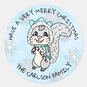 Cute Cartoon Festive Squirrel Christmas Classic Round Sticker