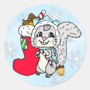 Cute Cartoon Festive Squirrel Christmas Classic Round Sticker