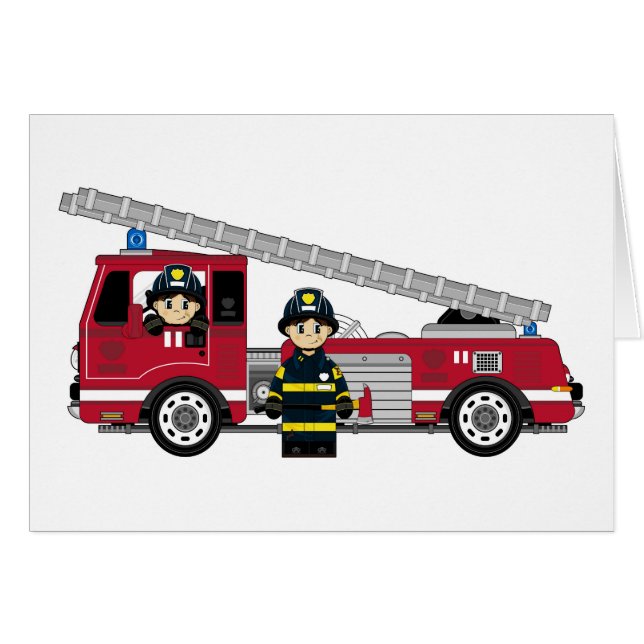 Cute Cartoon Fireman and Fire Engine (Front Horizontal)