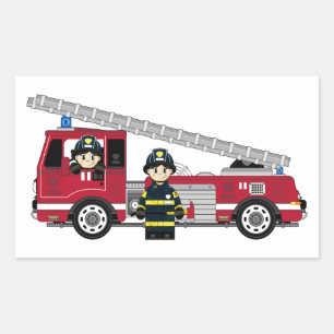 Cute Cartoon Fireman and Fire Engine Rectangular Sticker