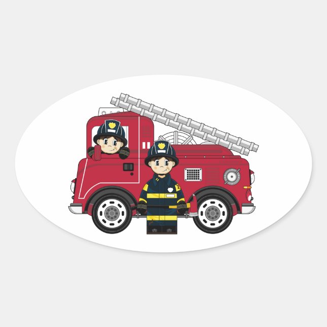 Cute Cartoon Fireman Oval Sticker (Front)