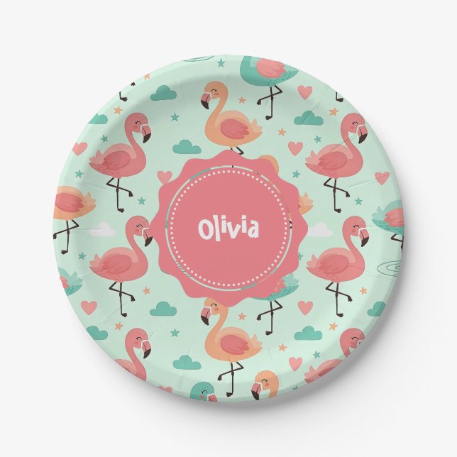 Cute Cartoon Flamingo Pattern Paper Plate (Front)
