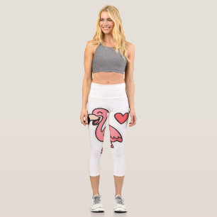 Cute Cartoon Flamingo Sticker with Heart Capri Leggings