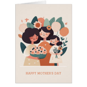 Cute cartoon floral mum and girls. Mothers Day