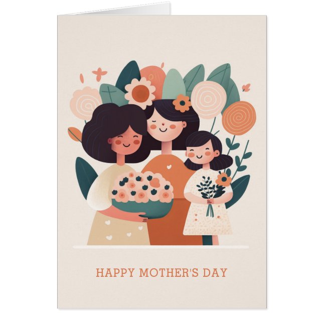 Cute cartoon floral mum and girls. Mothers Day (Front)