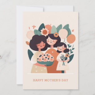 Cute cartoon floral mum and girls. Mothers Day Holiday Card