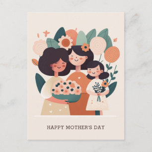 Cute cartoon floral mum and girls. Mothers Day Postcard