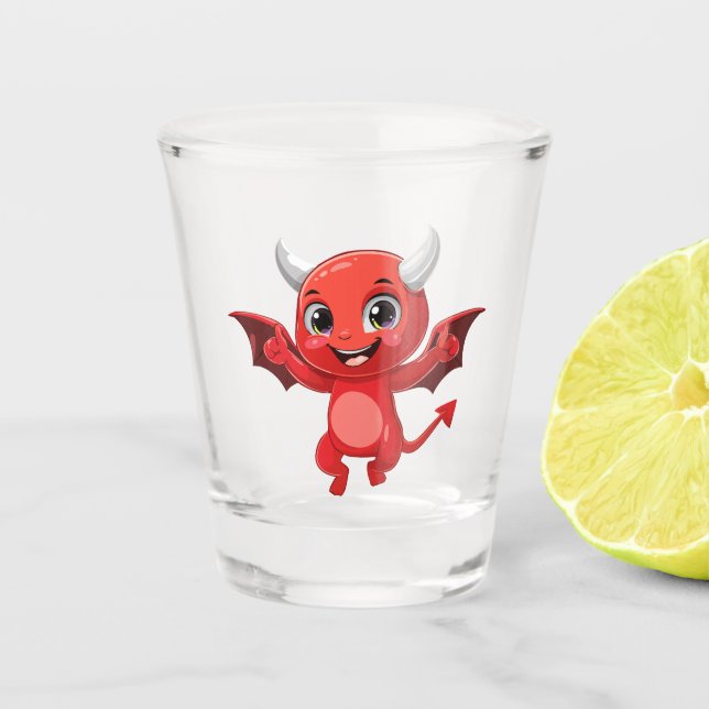 Cute cartoon flying devil shot glass (Front)