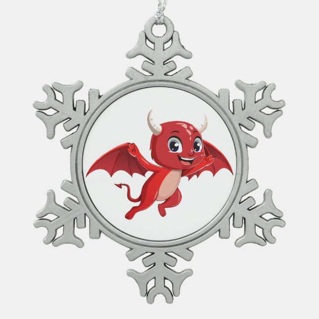 Cute cartoon flying devil snowflake pewter christmas ornament (Front)
