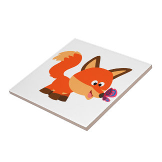 Cute Cartoon Fox  And Butterfly Tile
