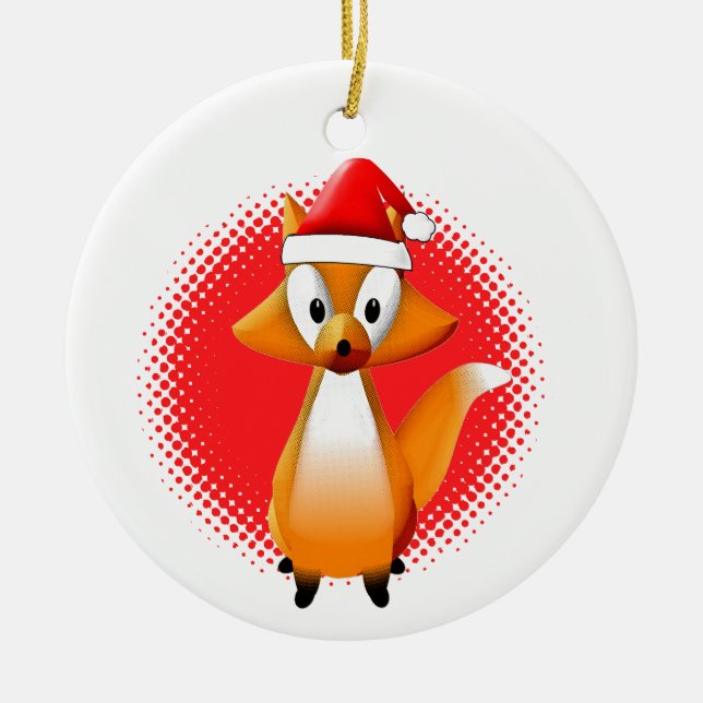 Cute Cartoon Fox Animal With Santas Hat Red Ceramic Tree Decoration (Front)