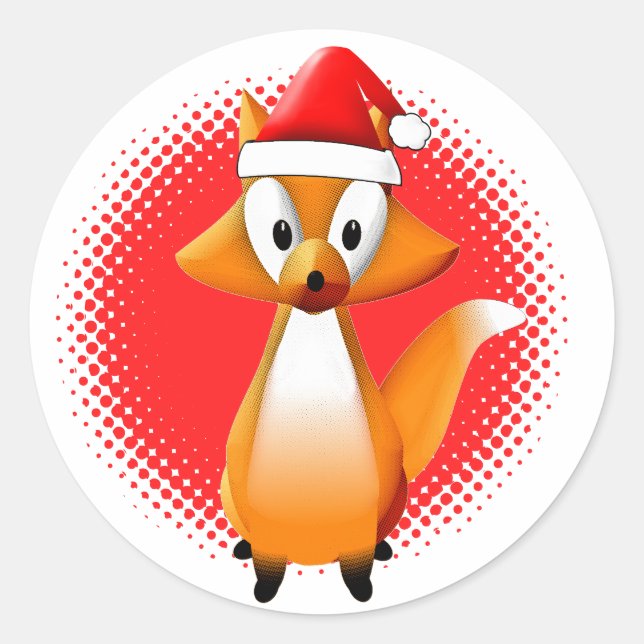 Cute Cartoon Fox Animal With Santas Hat Red Classic Round Sticker (Front)