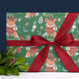Cute Cartoon Fox Green Red Custom Wrapping Paper