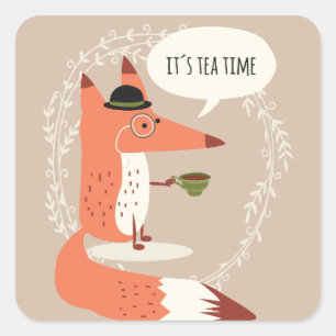 Cute cartoon fox having tea time square sticker
